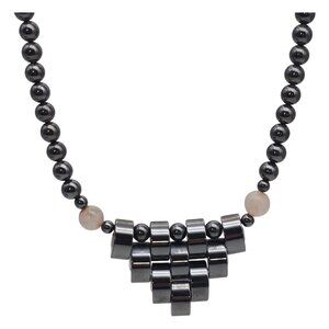 Hematite Woven Triangle Beaded Rose Quartz Gemstone Necklace 18.5" Adjustable Y3